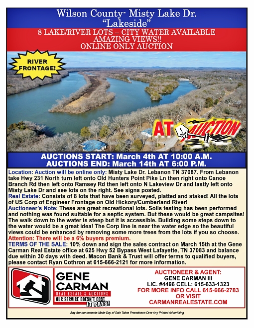 8 LAKE/RIVER LOTS! ONLINE ONLY AUCTION!