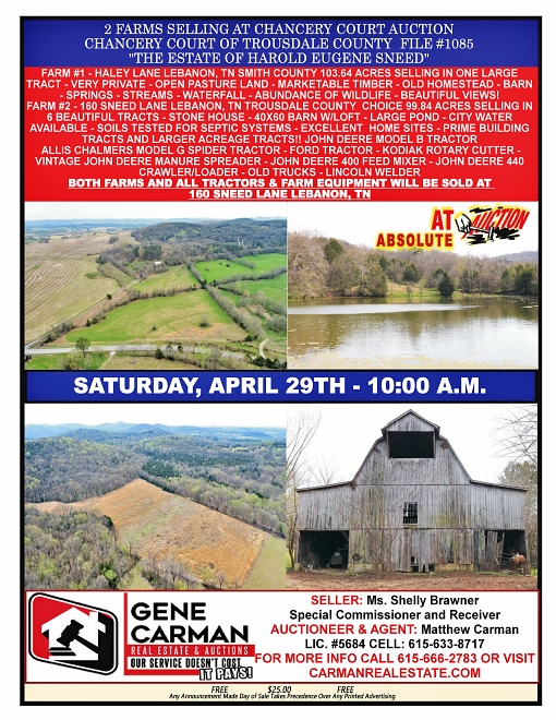 2 FARMS SELLING AT CHANCERY COURT AUCTION  CHANCERY COURT OF TROUSDALE COUNTY  FILE #1085  