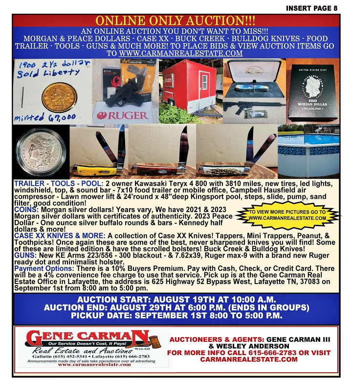 ONLINE ONLY AUCTION! COINS (GOLD & SILVER) - FOOD TRAILER - POOL - GUNS - AMMO - TOOLS - FURNITURE - CASE XX KNIVES!