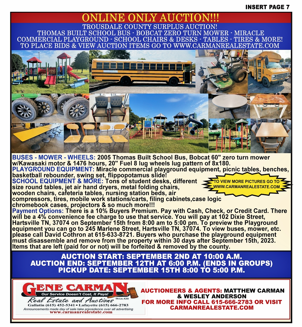 TROUSDALE COUNTY BOARD OF EDUCATION AND PARKS & RECREATION SURPLUS ONLINE ONLY AUCTION!