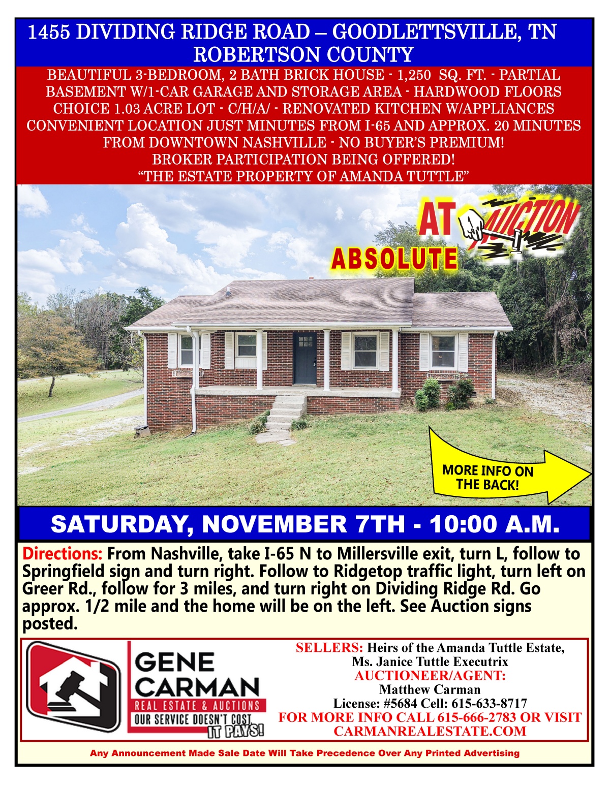 1455 DIVIDING RIDGE ROAD – GOODLETTSVILLE, TN – ROBERTSON COUNTY